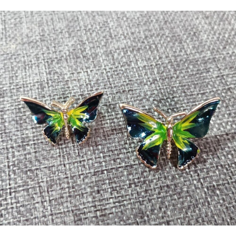 Vintage Matching Butterfly Brooch Pair Enamel Gold Tone Blue Green Pins